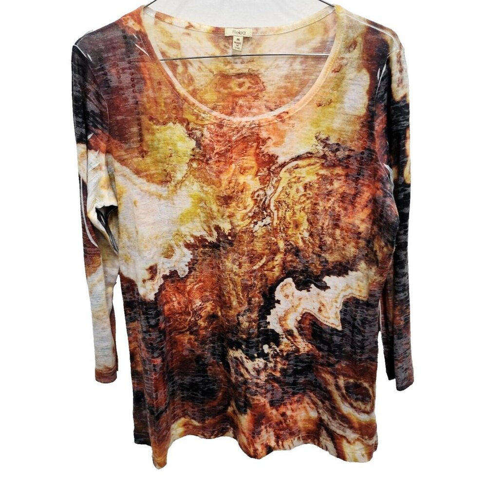 Reba Womens Top Medium Orange Abstract Artsy Burnout Sequined 3/4 Sleeve Tee